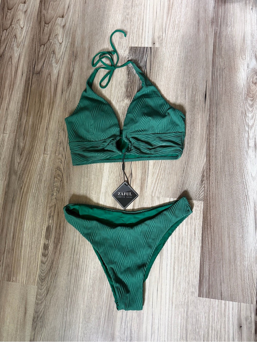Zaful Deep Green Ribbed Halter Bikini Set